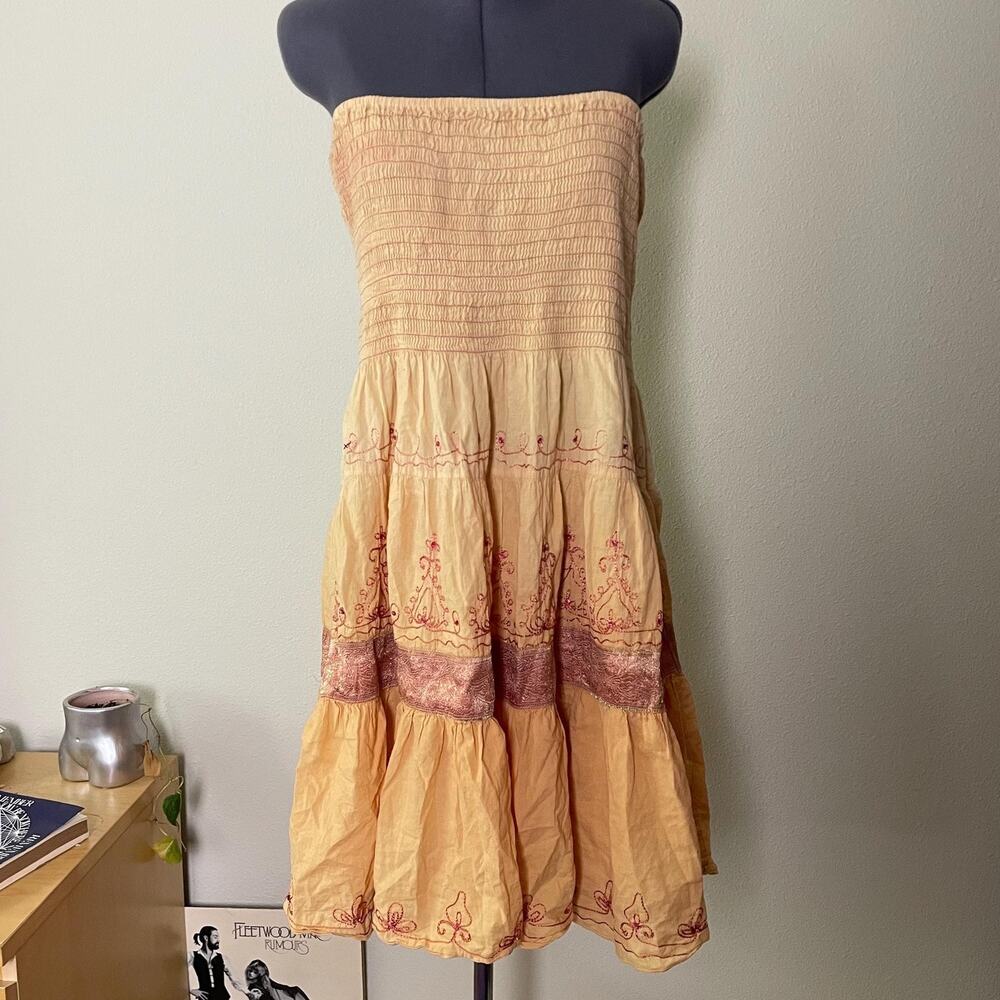 Vintage Embroidered Cotton Skirt Dress Boho Fairy Whimsy Strapless Tiered M / L